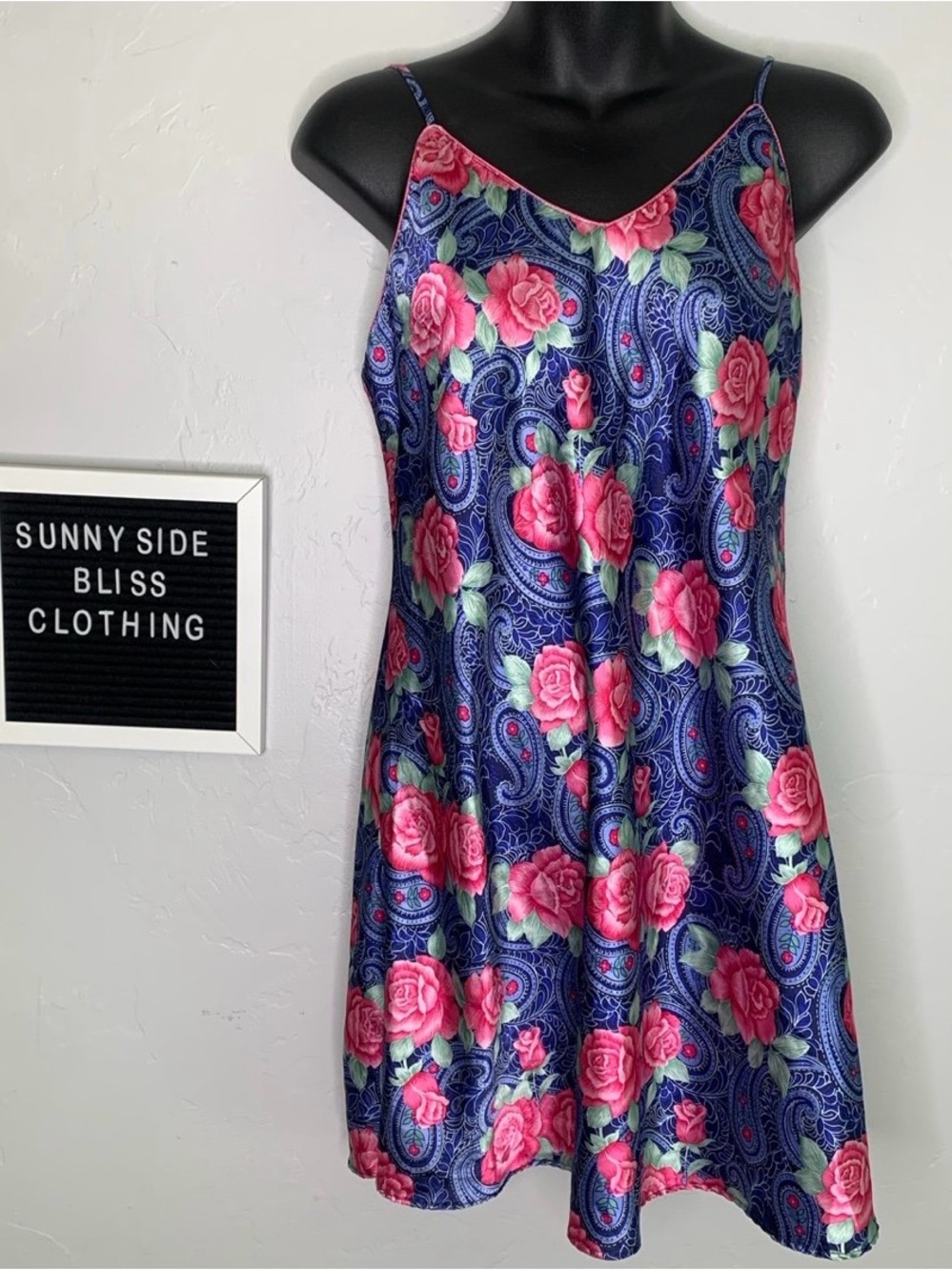 Sleep Solutions Vintage Blue Pink Rose Paisley Babydoll Slip Dress Size Medium